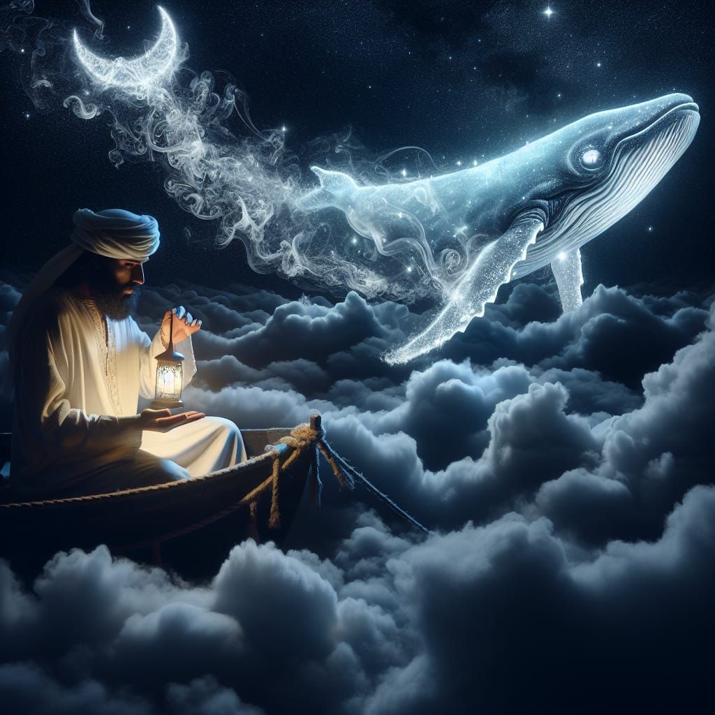 Sailor Navigates Cloud Sea Towards Luminescent Whale