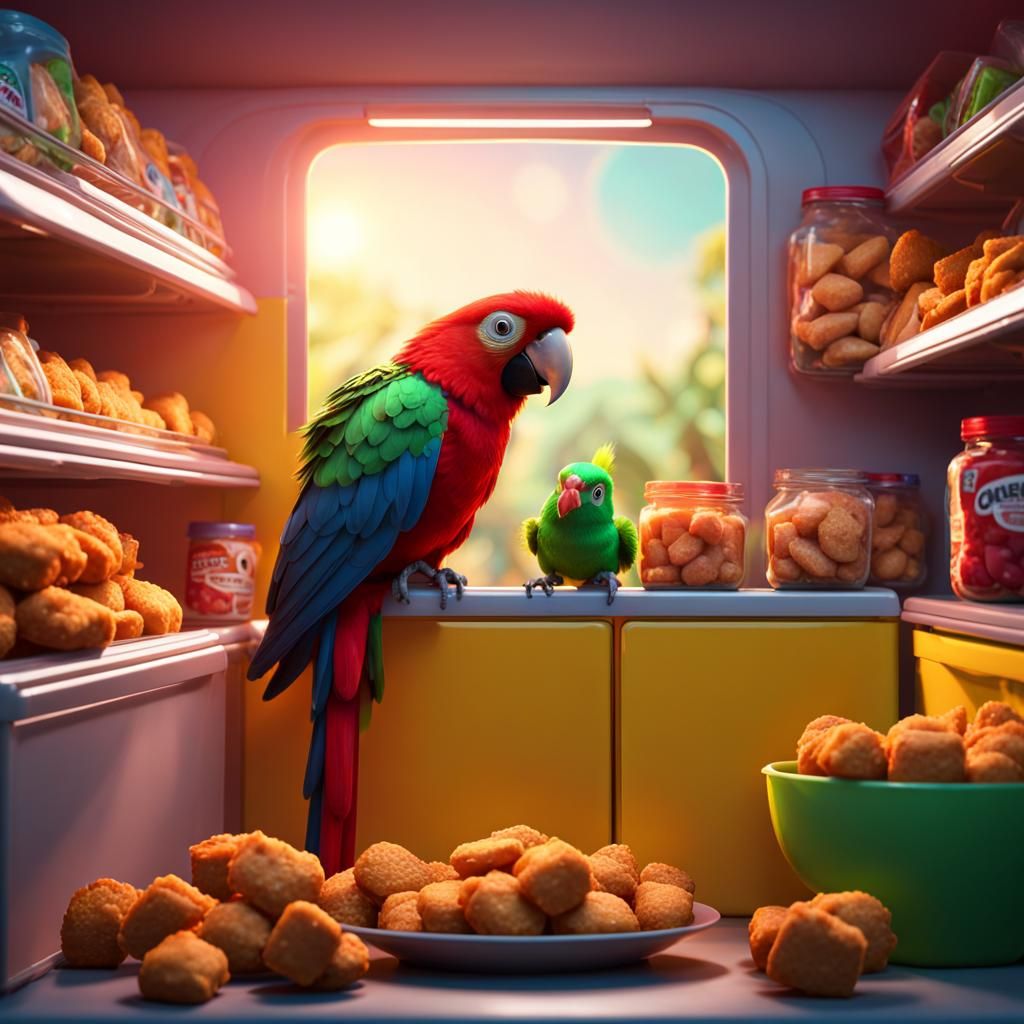 Parrot in Fridge with Nuggets: 3D Digital Art