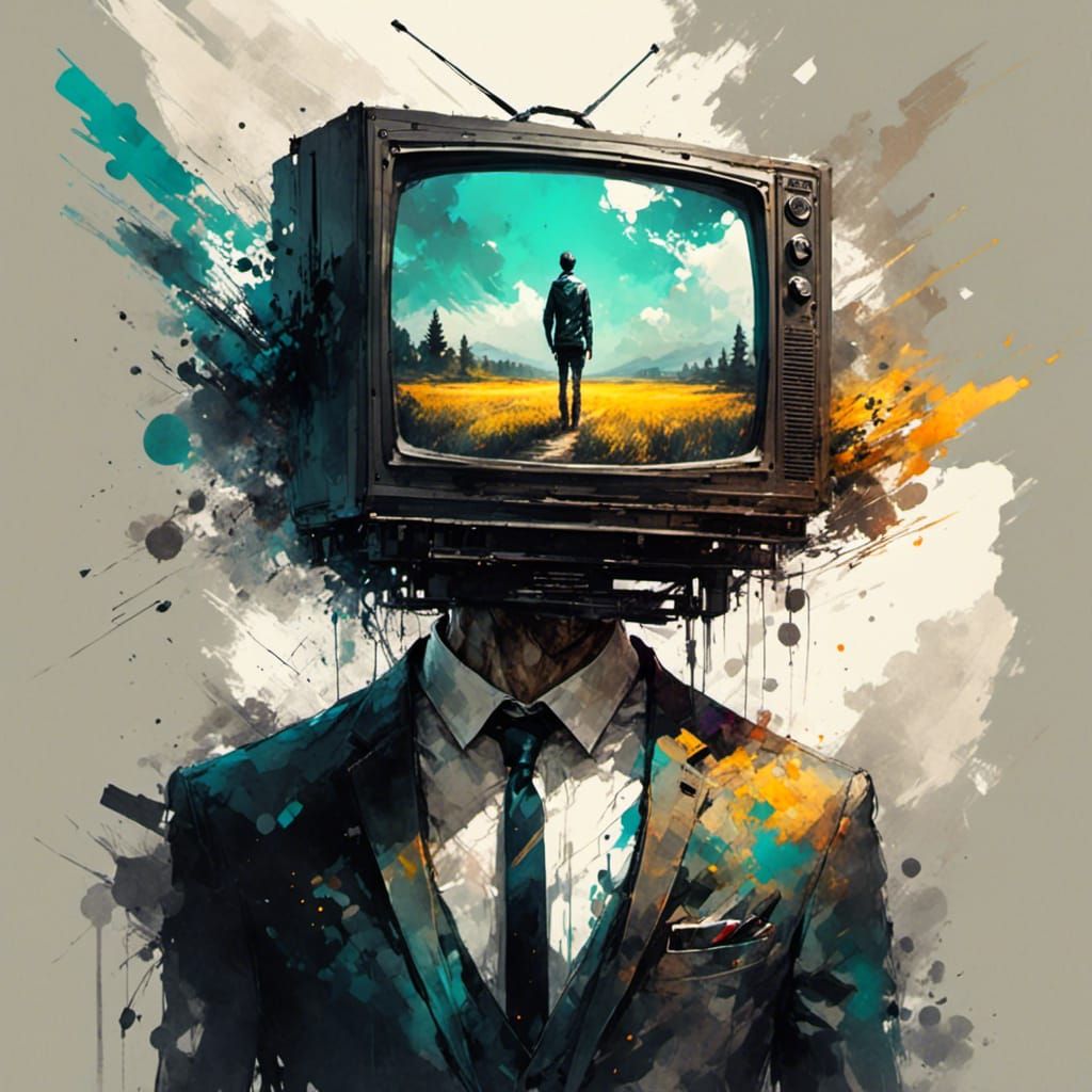 Person with TV Head in Ink Sketch Style