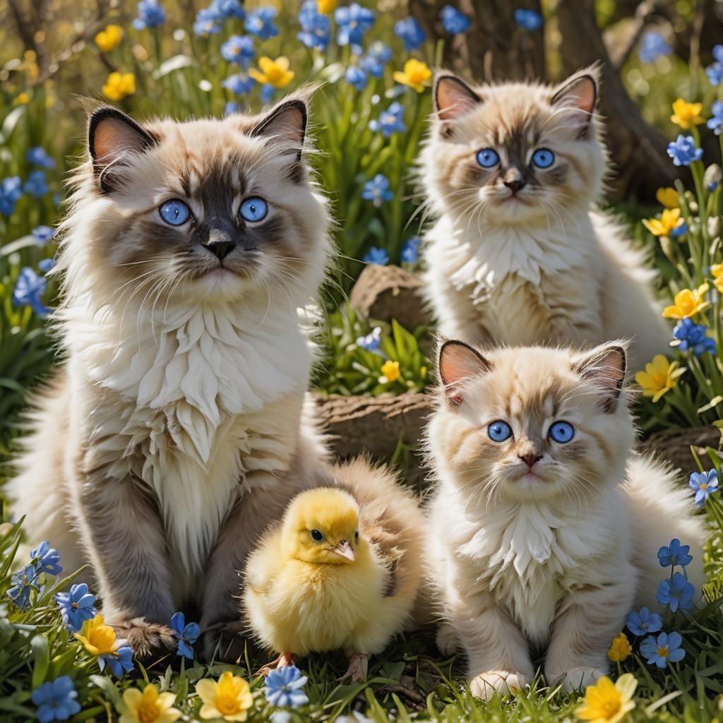 Ragdoll Kittens and Chicks Play in Spring Field