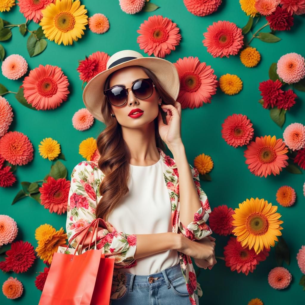 Stylish Woman with Shopping Bags and Floral Background