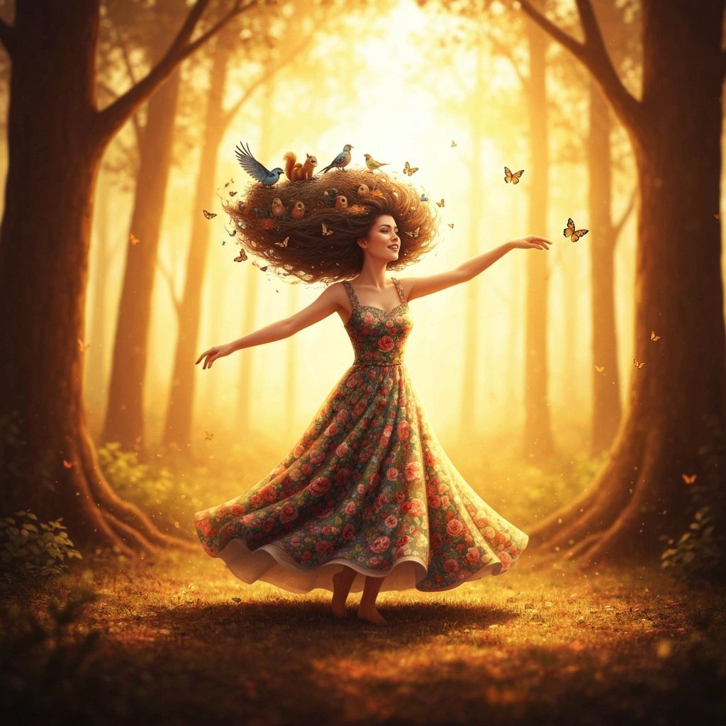 Woman in Flower Gown Dancing in Forest