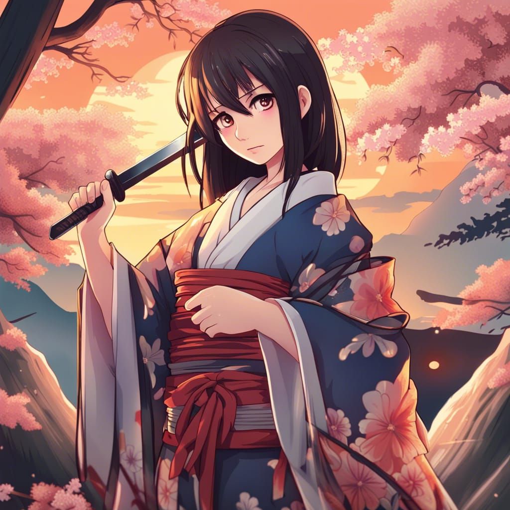 Anime Kunoichi with Elemental Magic in Edo Sunset