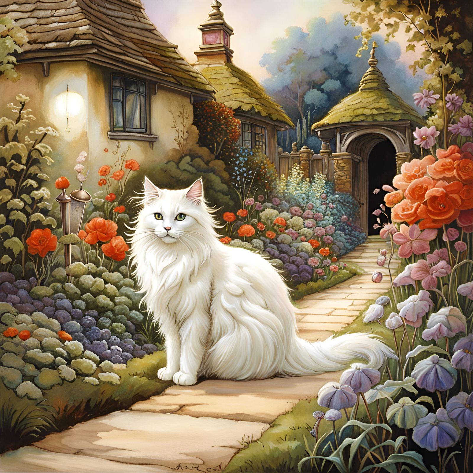 Beautiful white fluffy fantasy cat with girl,  garden path, art by arthur rackham, by Julie Bell, garden path, backgroun...