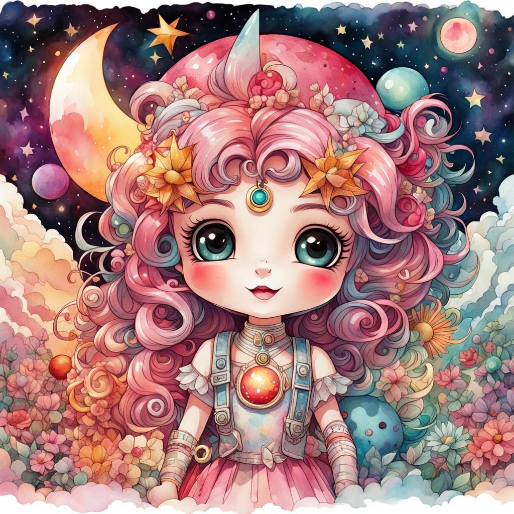Chibi Moon, Sun, and Stars in Art Brut Style