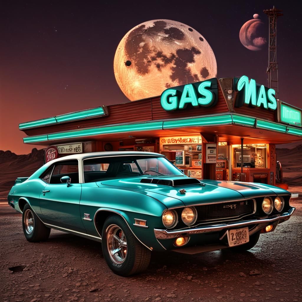 Mars Muscle Car at Retro Gas Station