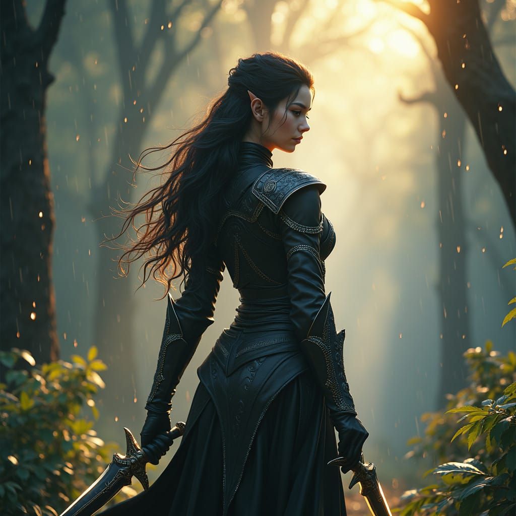 Dark Elf Maiden in Mystical Forest, Holding Dual Daggers, in...