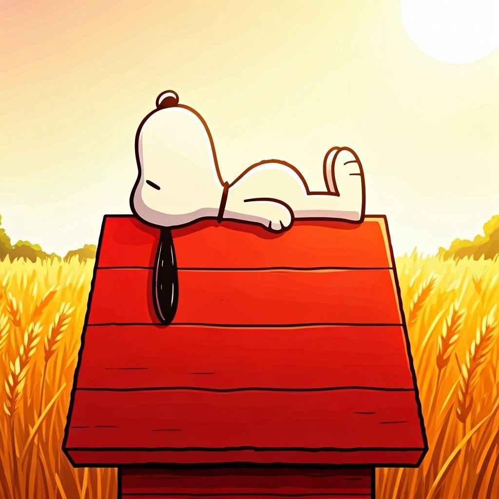 Snoopy Sleeping Above Doghouse in Whimsical Cartoon Style