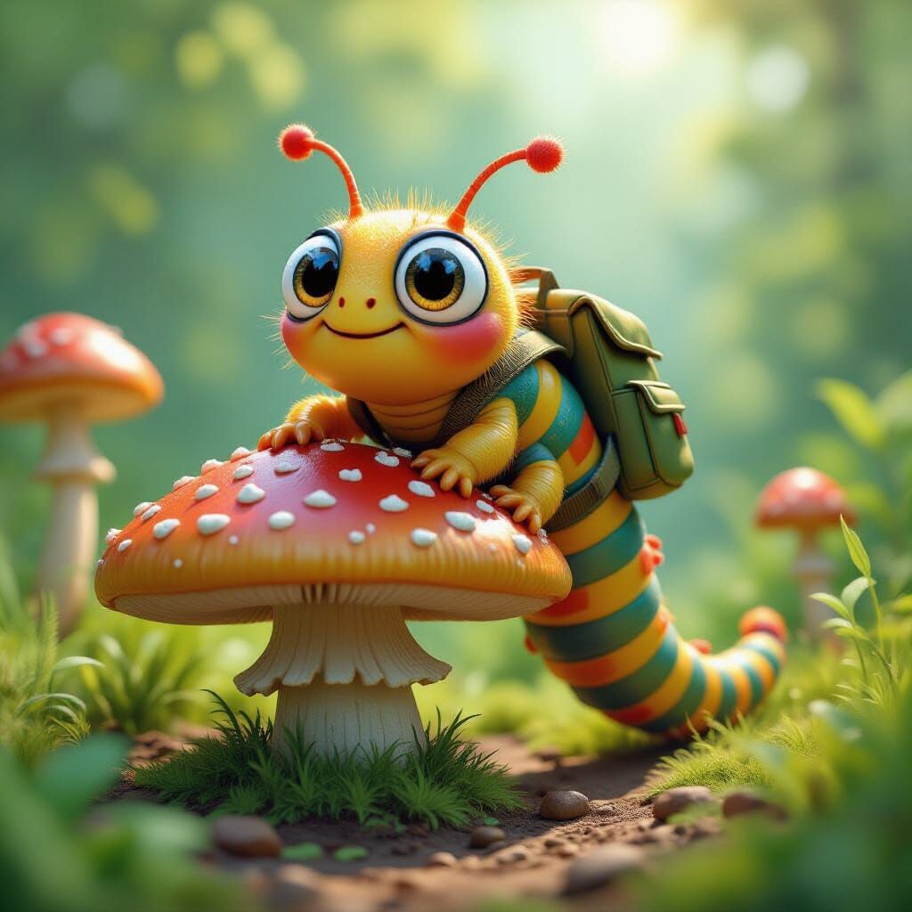 Cartoon Caterpillar Climbs Mushroom in Whimsical Garden