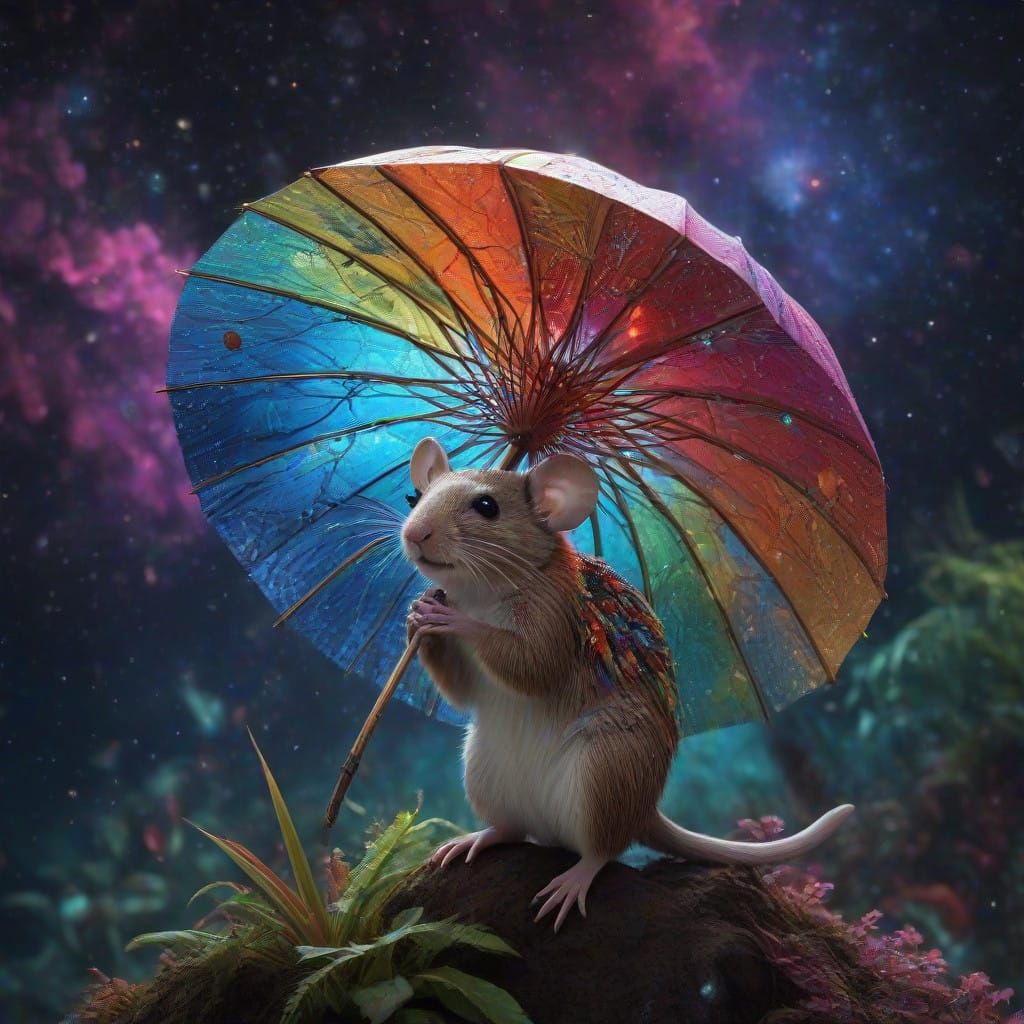 Whimsical Mouse under Vibrant Iridescent Umbrella with Cosmi...