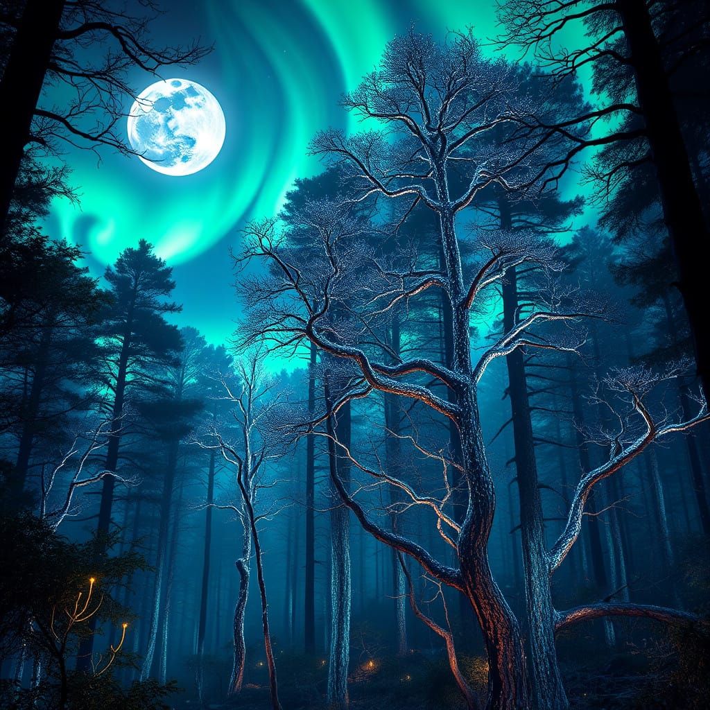 Mystical Moonlit Forest with Northern Lights