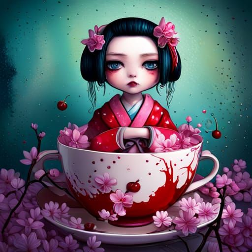 Chibi Geisha Plush in Cherry Blossom Graffiti Art