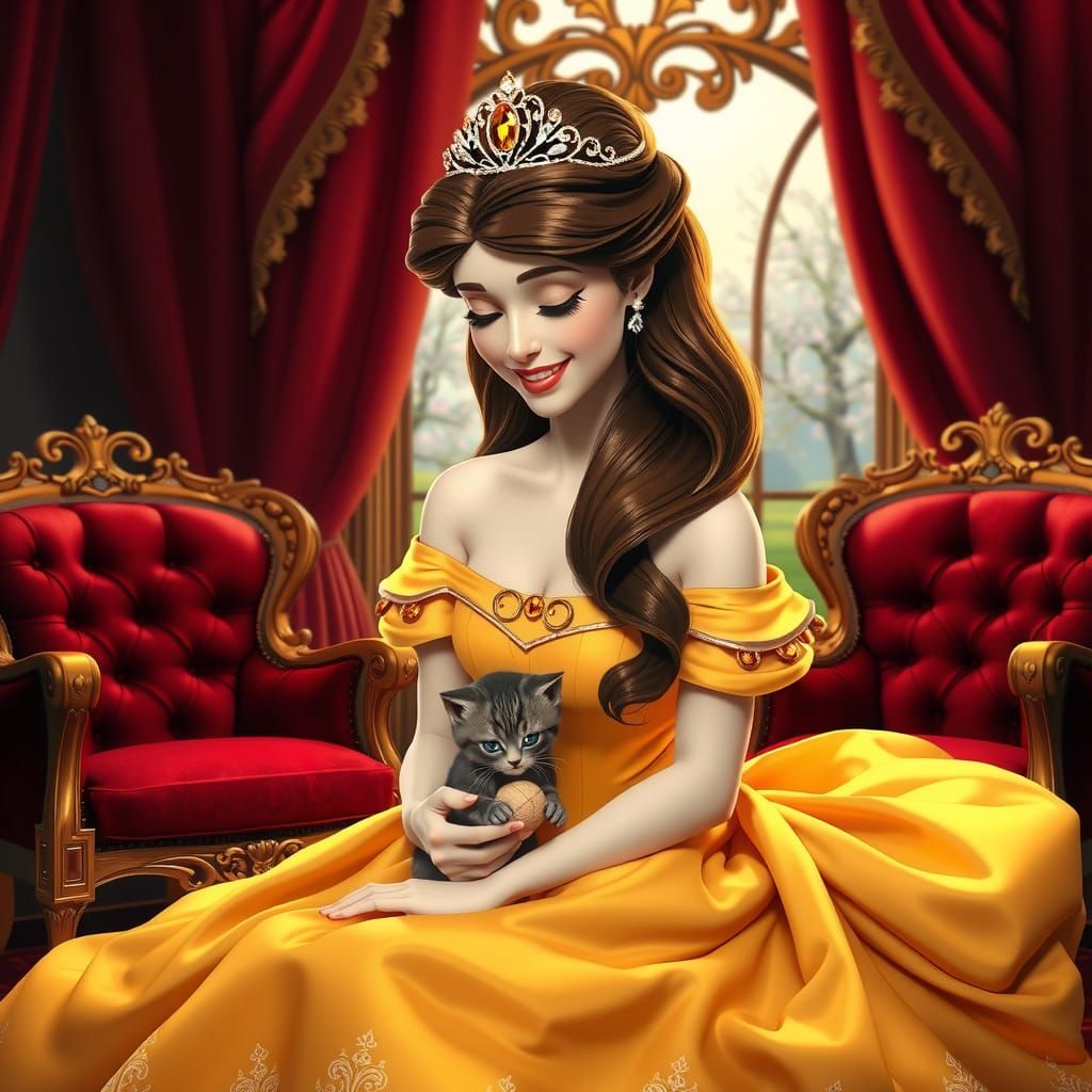 Princess Belle with Kitten, Art Nouveau Portrait