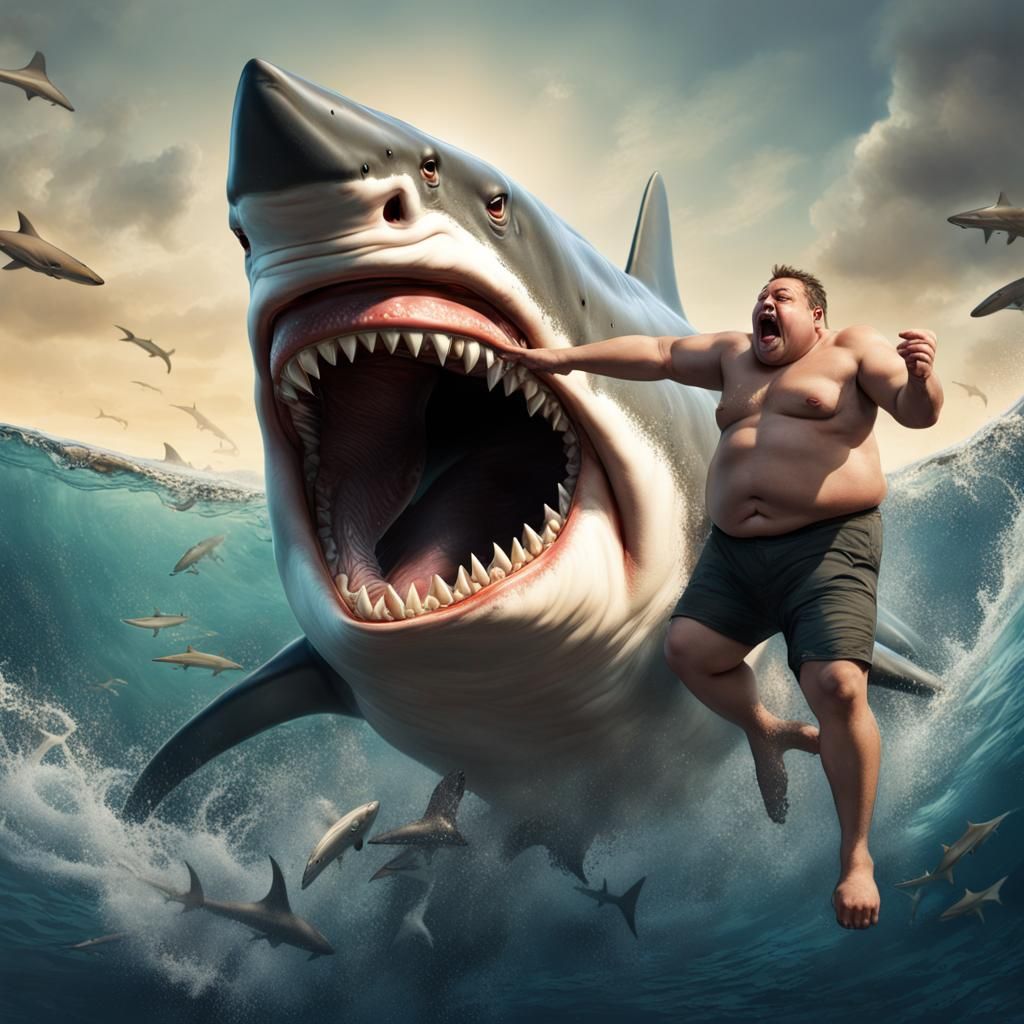 Shark Attack in a Hyperrealistic Splash Art Style