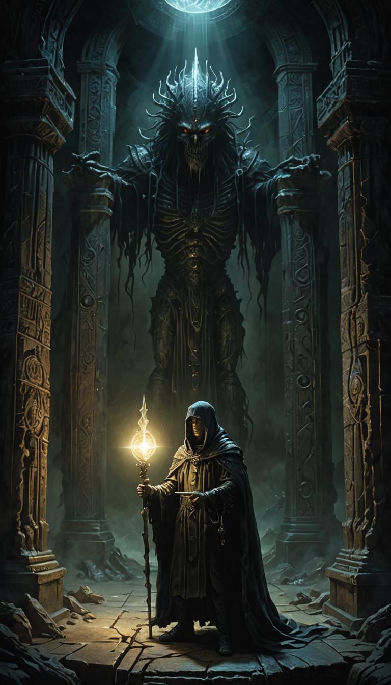 Foras in Shadowy Chamber, Dark Fantasy Art