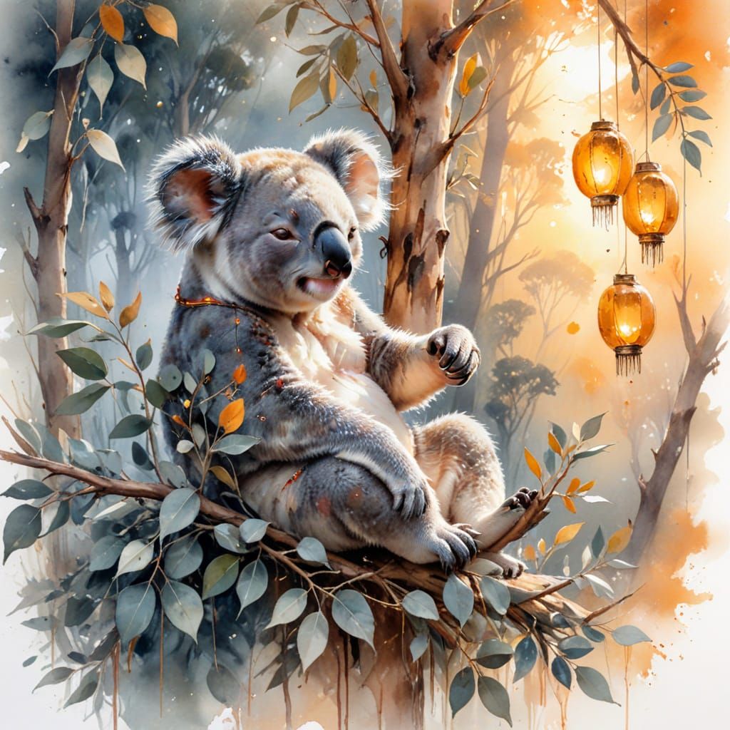 Koala in Eucalyptus Canopy at Golden Hour, Watercolour Art