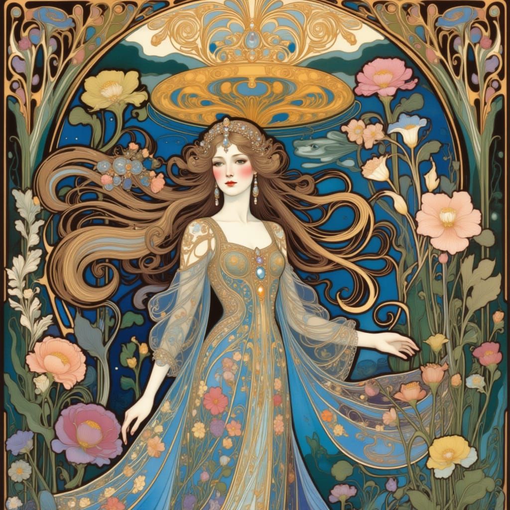 Oriental Fairy Amidst Tropical Flowers in Art Nouveau Style