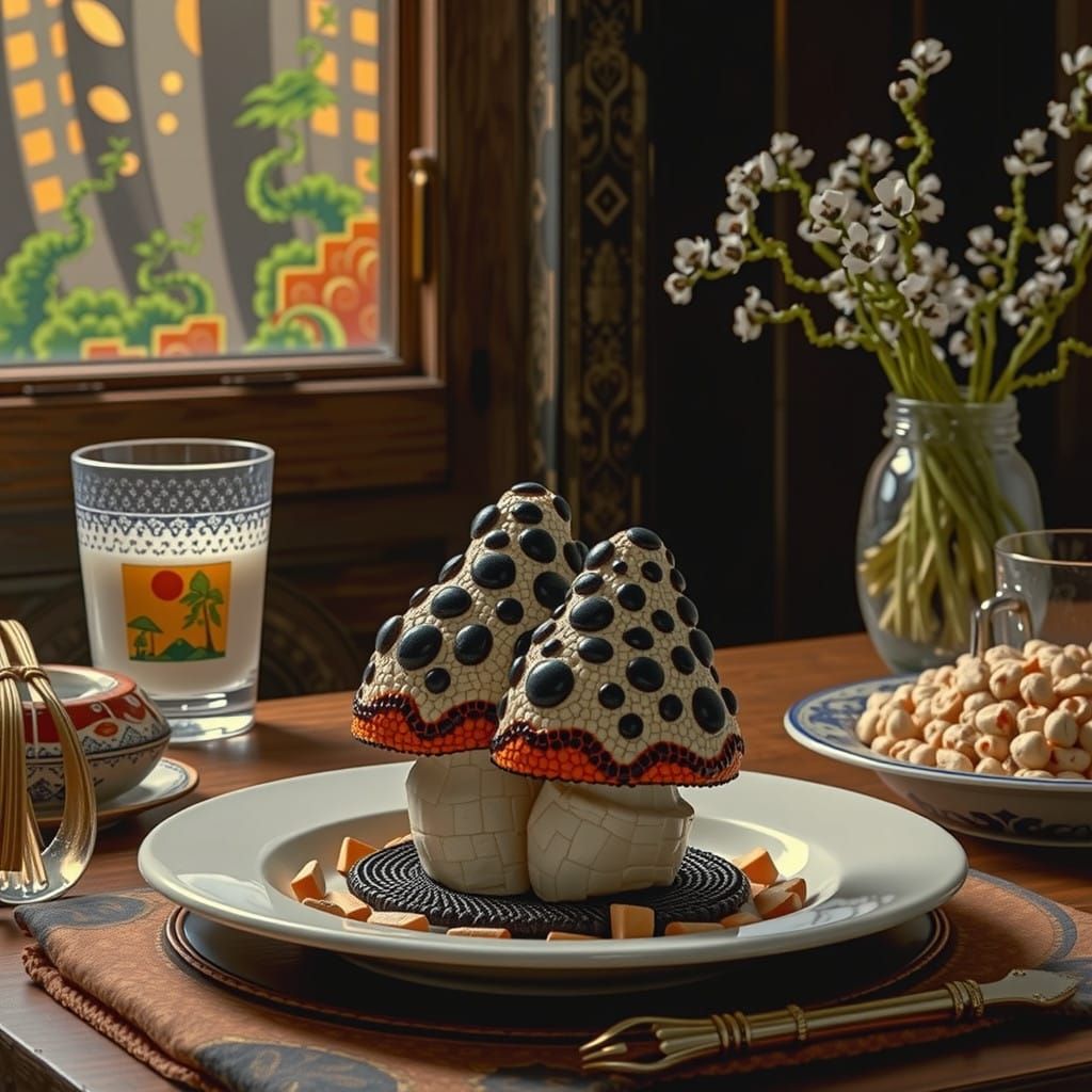 Retro-Futuristic Arcade Game Box with Giant Mushrooms in Sof...