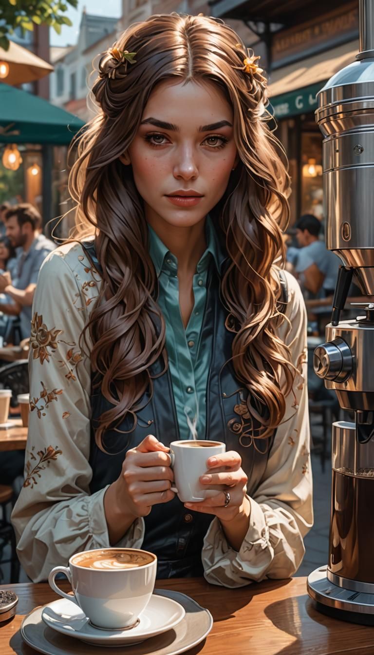 Woman Drinking Coffee: Detailed Digital Portrait