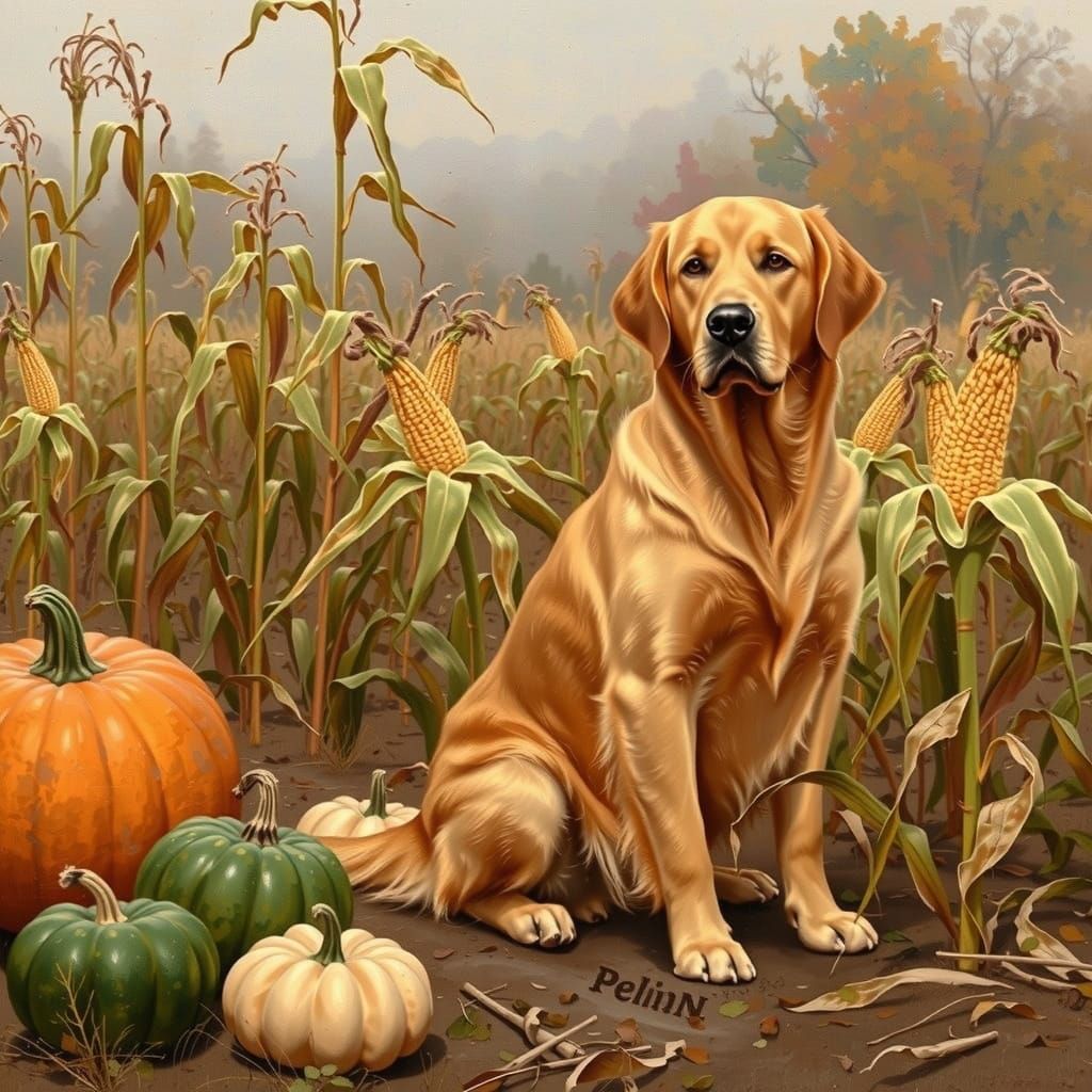 Majestic Golden Retriever in Autumn Cornfield with Pumpkins
