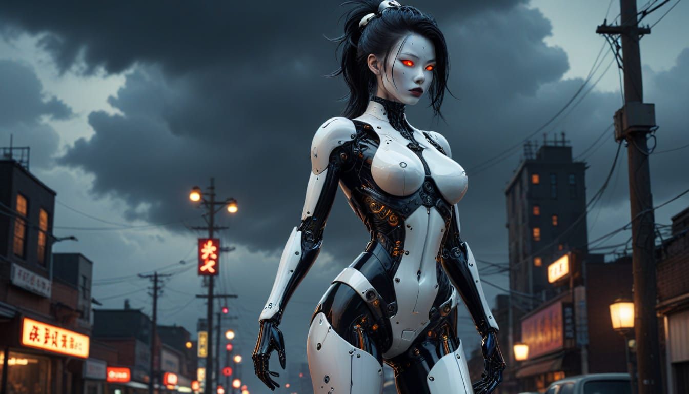 Cyberpunk Gynoid with Gothic Bio-Mech Aesthetic