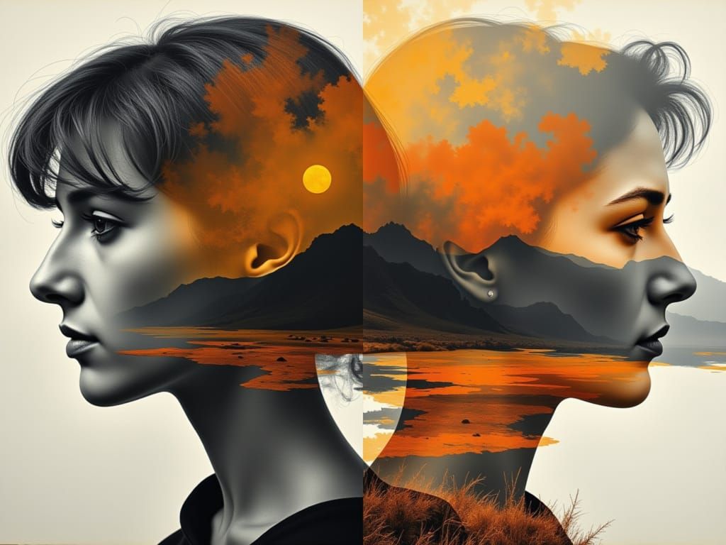 Surreal Double Exposure Portrait with Fragmented Facial Feat...