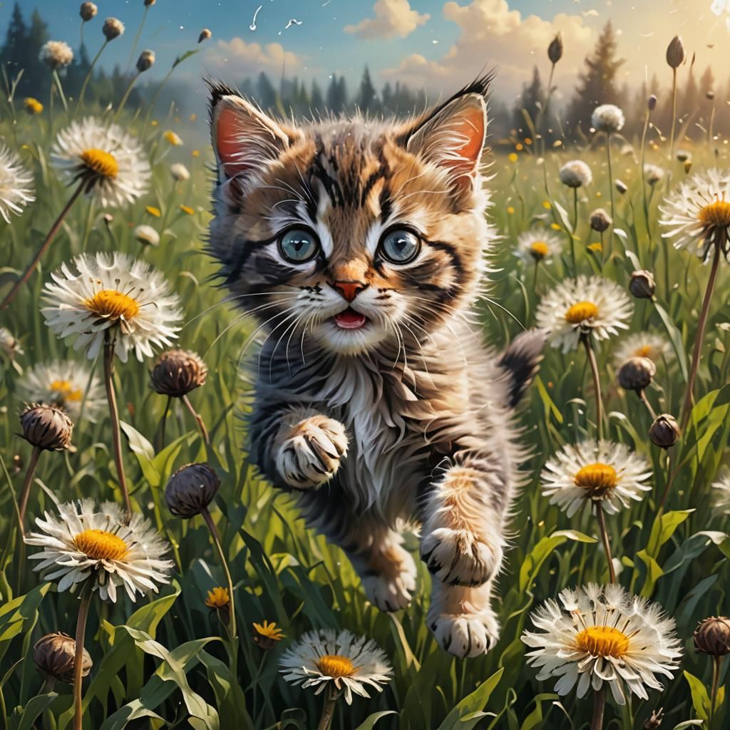 Hyperrealistic Kitten Jumps on Dandelion Flower