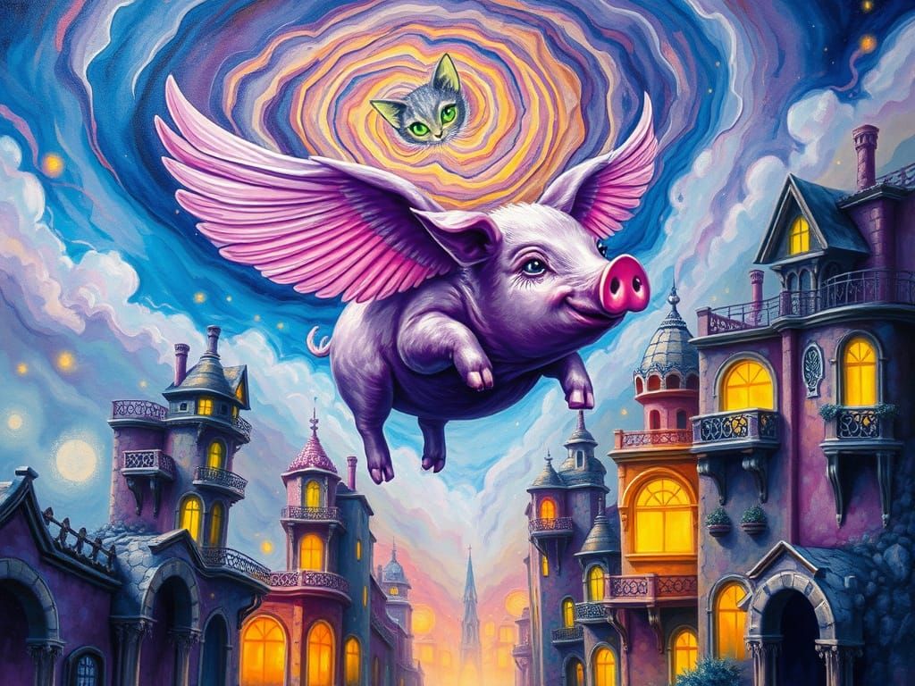 Surrealist Dreamscapes with a Gigantic Purple Pig in Flight