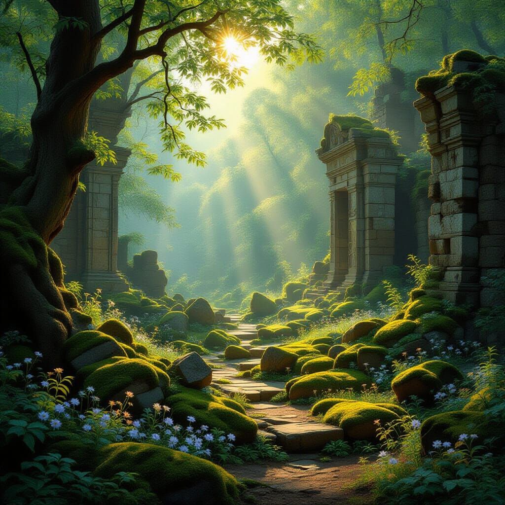 Ancient Forest Ruins in Golden Hour Light