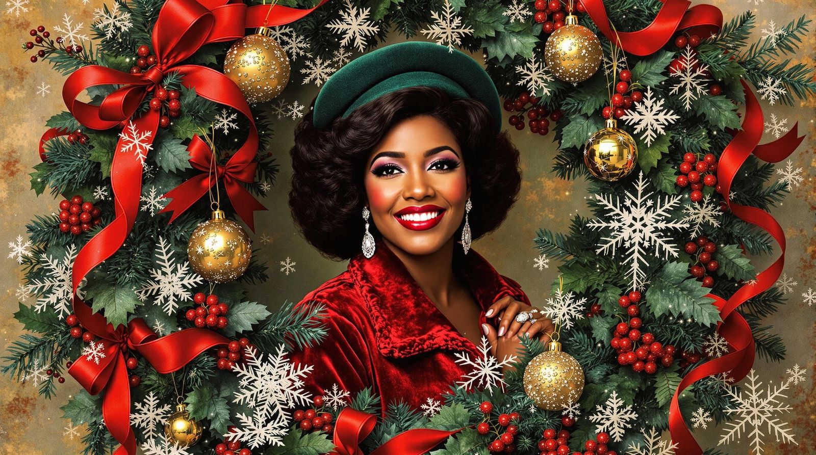 Aretha Franklin in a Festive Christmas Wreath