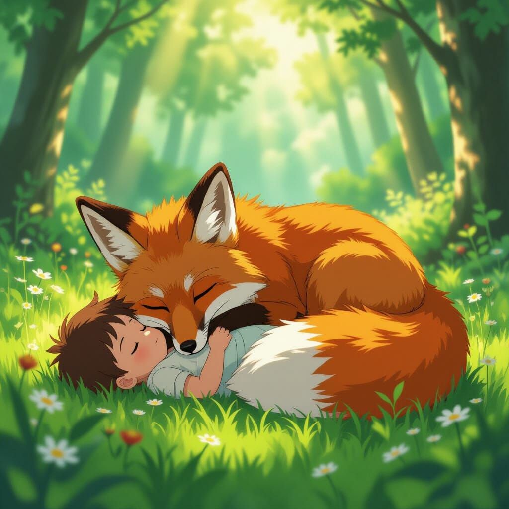 Sleeping Fox Protects Baby in Sunlit Forest Clearing