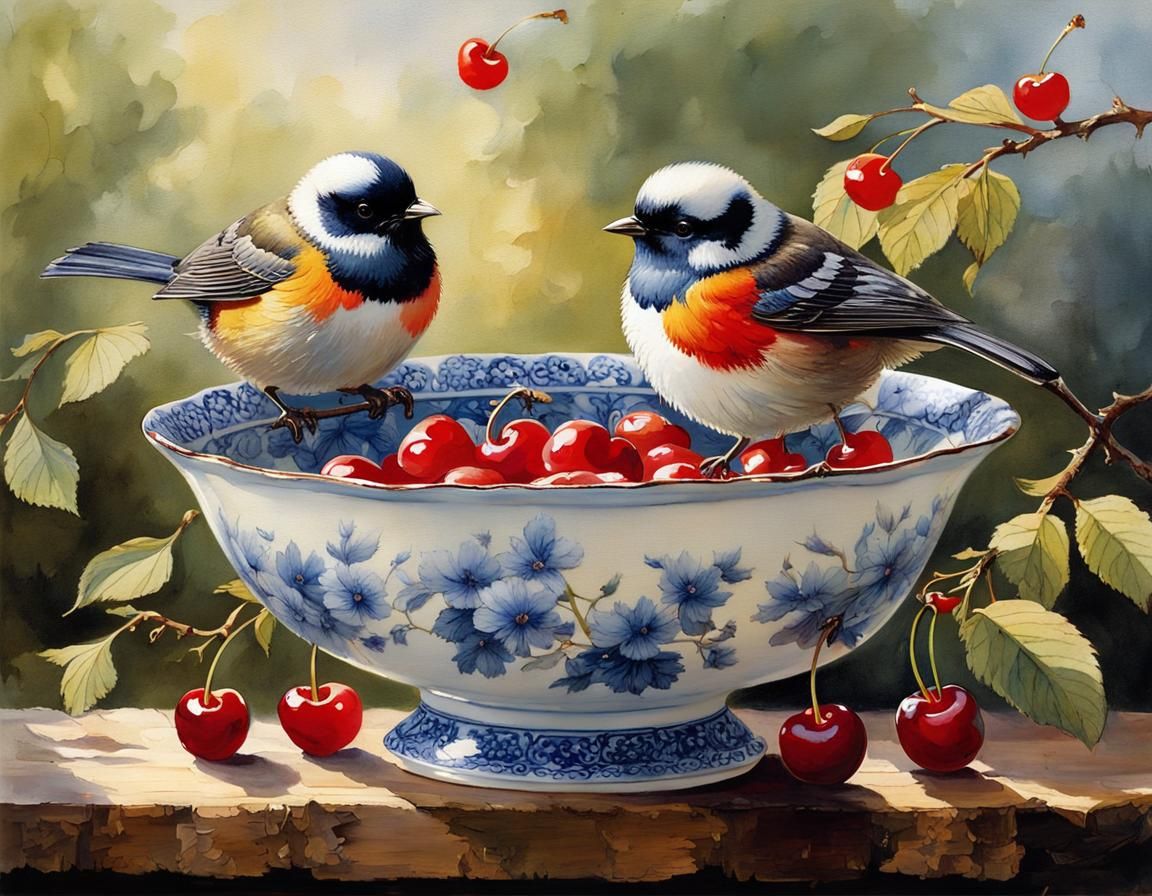 Birds and Cherries on a Rustic Table