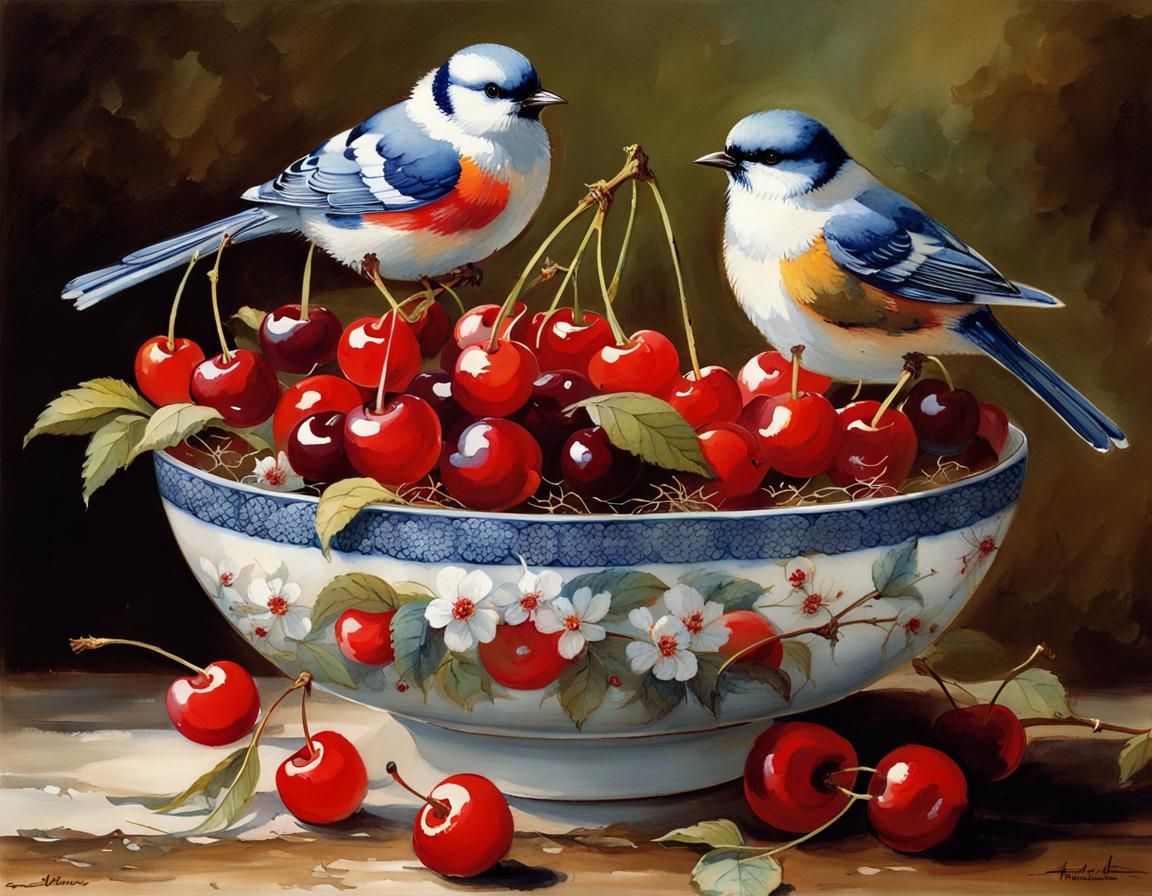 Birds and Cherries on Rustic Table