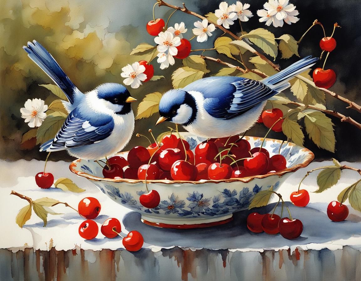 Birds and Cherries on Porcelain Bowl