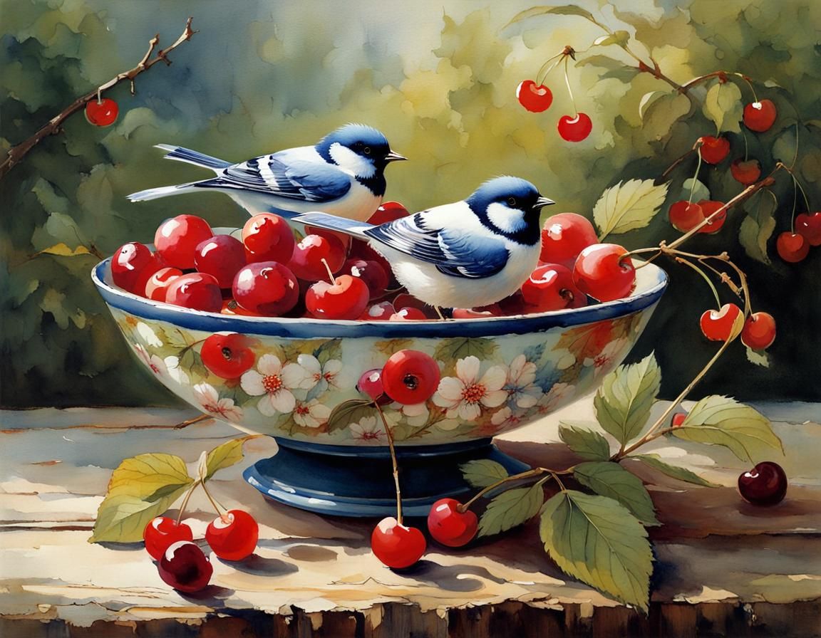 Birds and Cherries on a Rustic Table