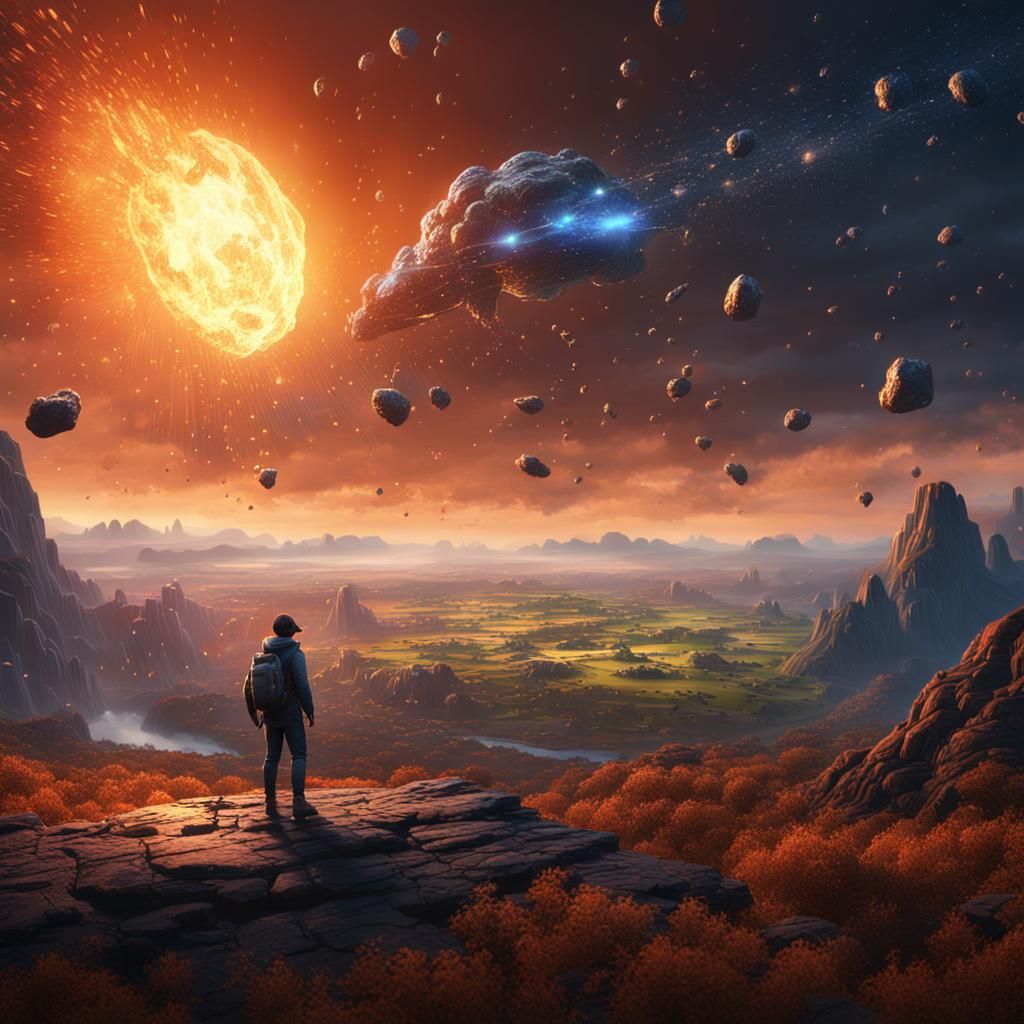 Meteor Rain Over Grand Landscape in Detailed Painting