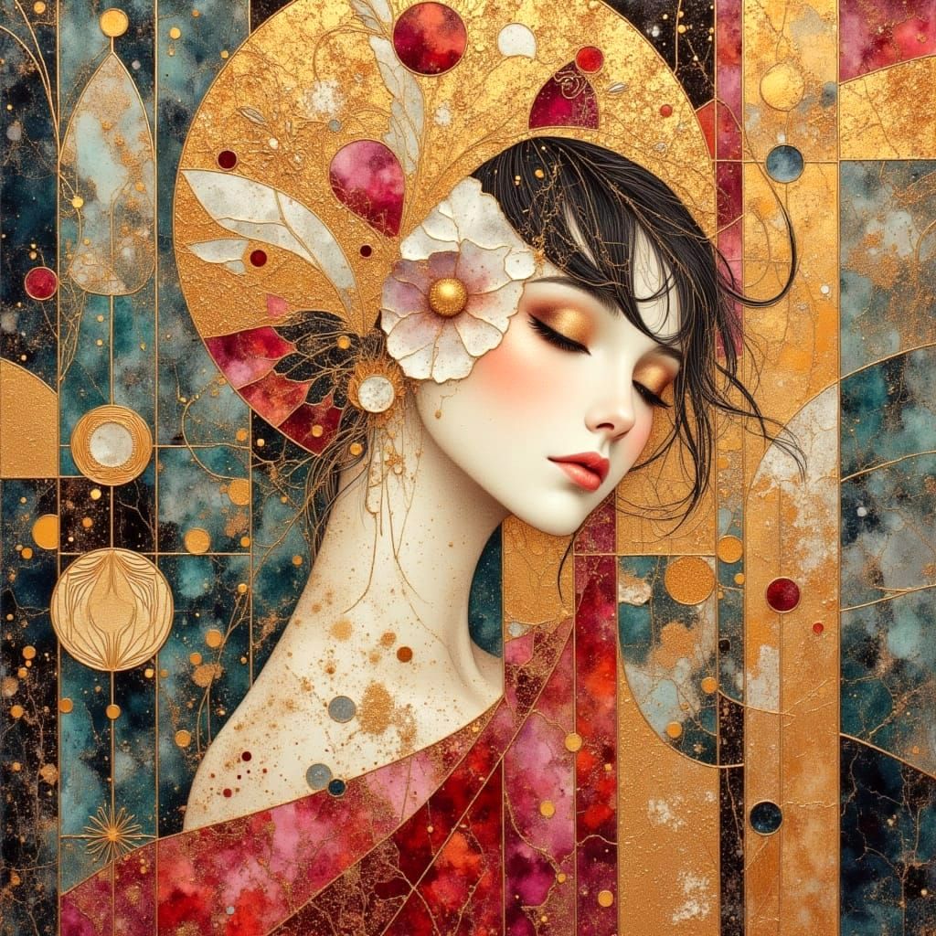 Woman with Art Deco Architecture in Klimt Style