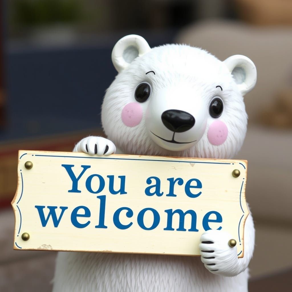 Steampunk Polar Bear Holds a Vibrant Welcome Sign
