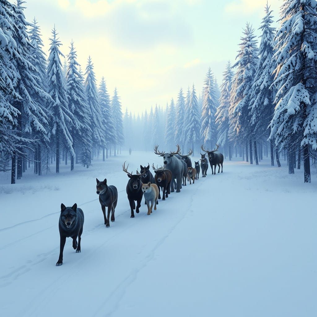 Winter Wonderland: Majestic Animals March in Serene Snowy Fo...