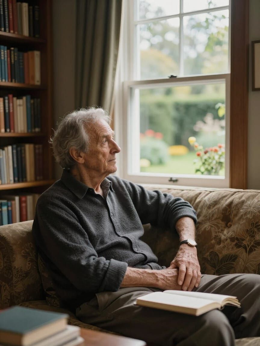 Cozy Library Portrait with Soft Light and Garden View