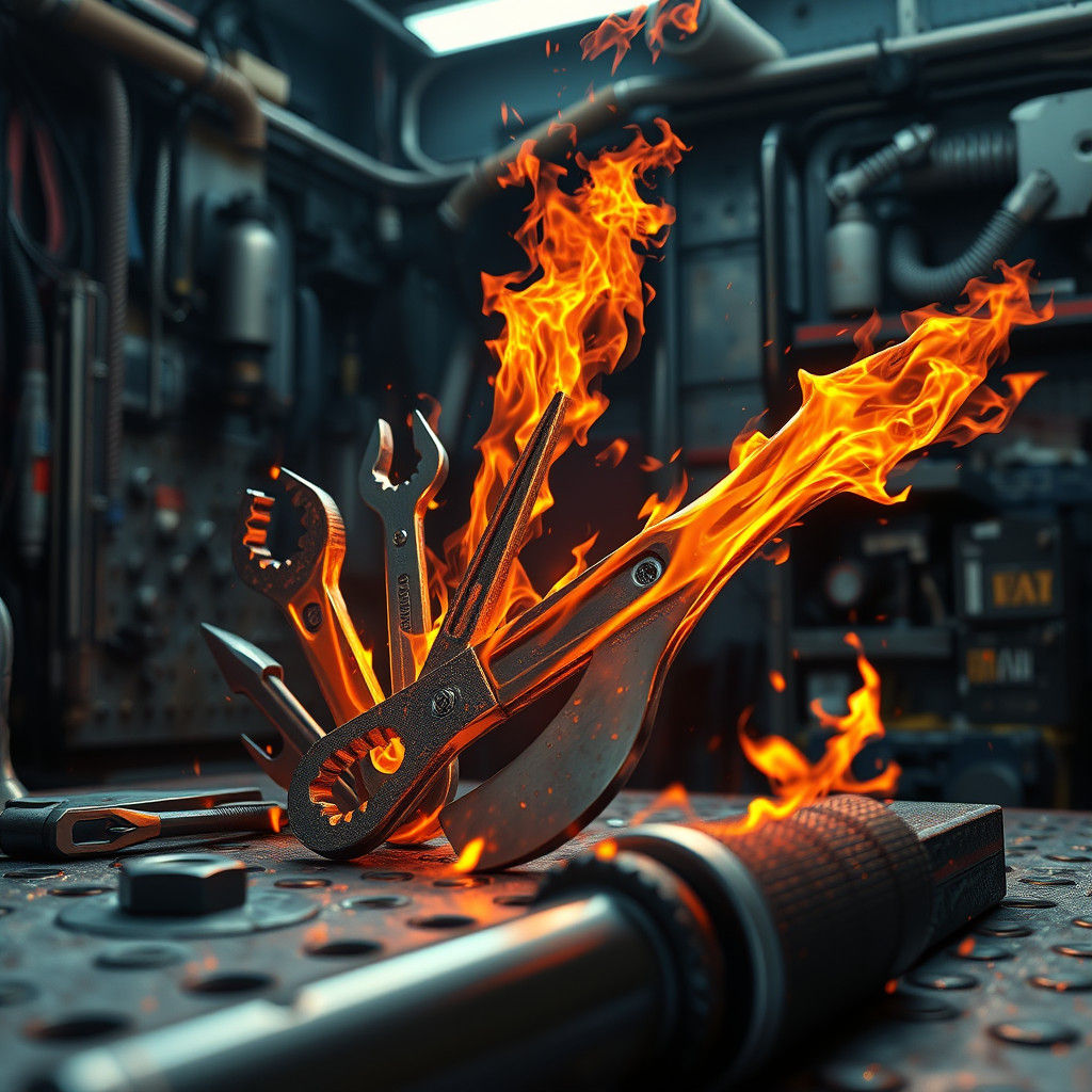 Fiery Tools in Garage: Hyperrealistic 8k Art