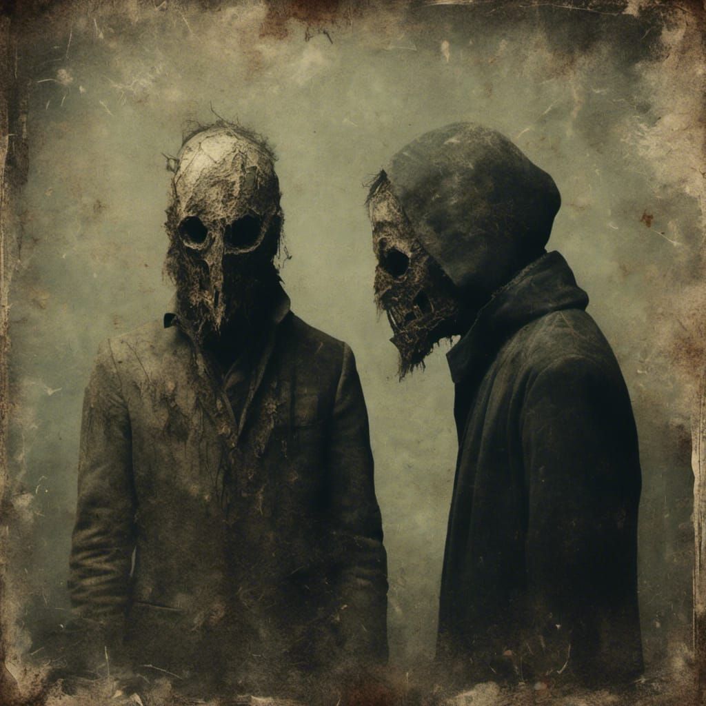 Macabre Masked Men Face Off in Dark Image