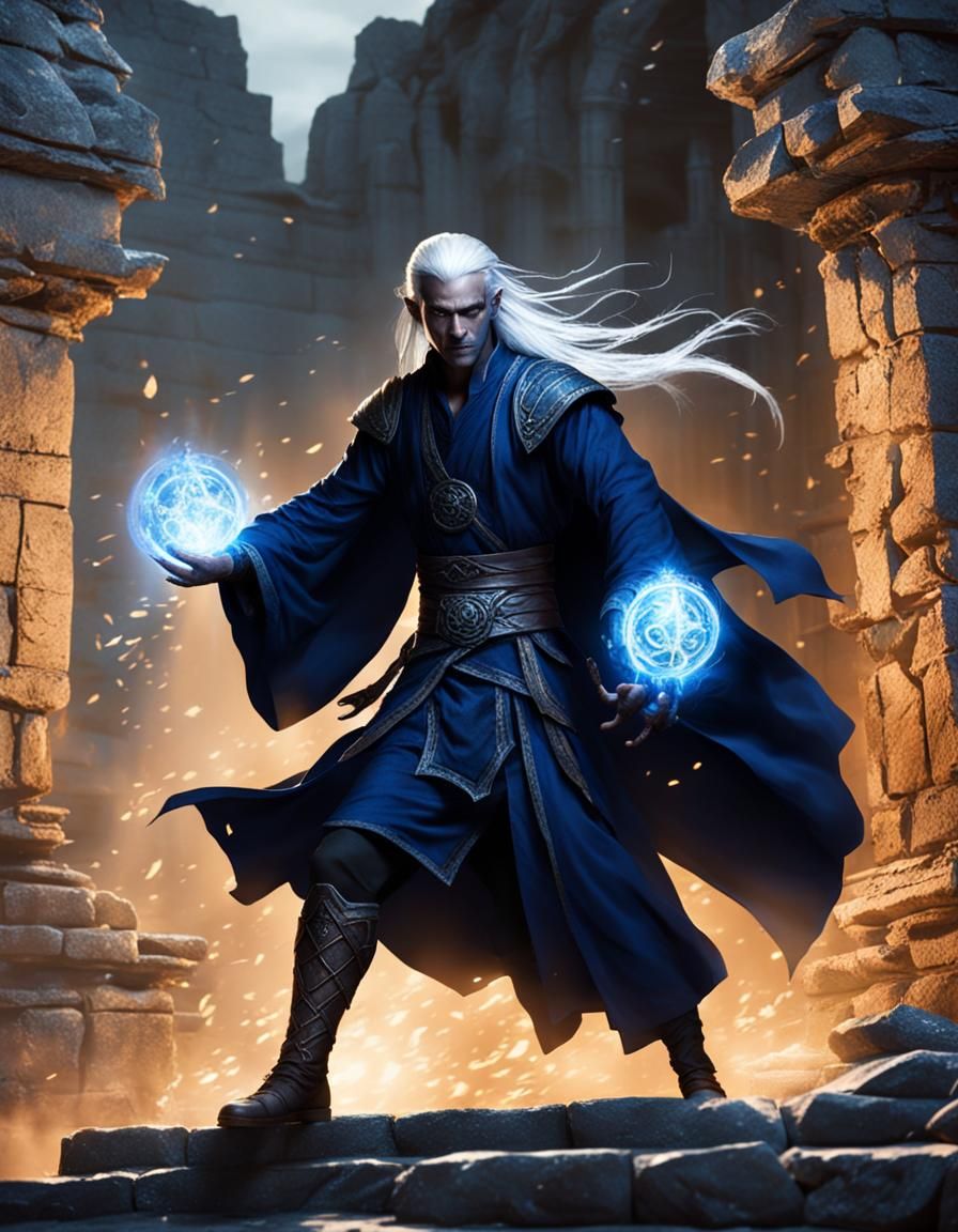 Dark Elf Sorcerer Casting Magic in Ruins