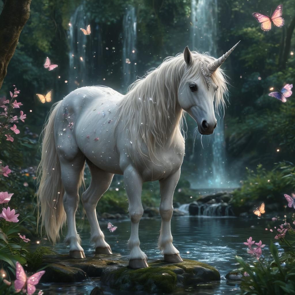 Sparkling Unicorn in Magical Forest: Digital Art