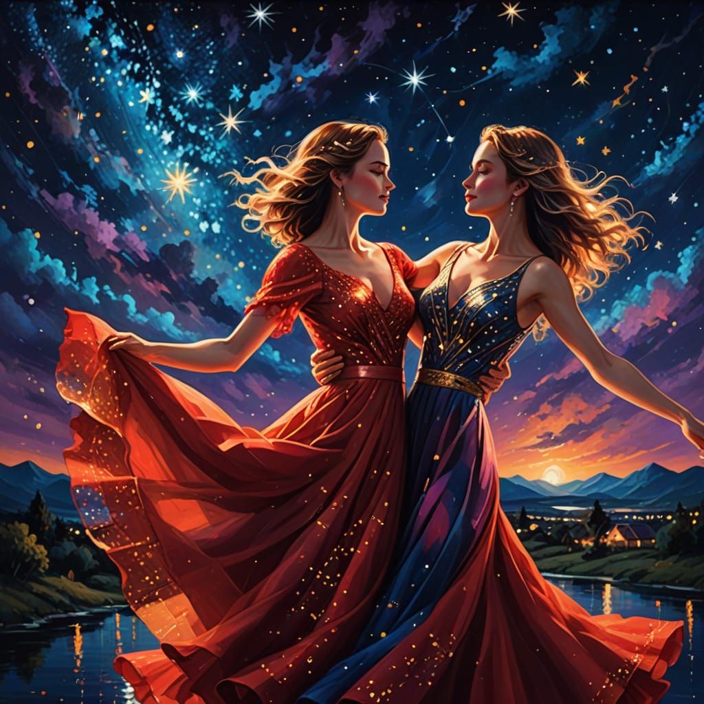 Elegant Red Dressed Dancer Under Starry Night Sky