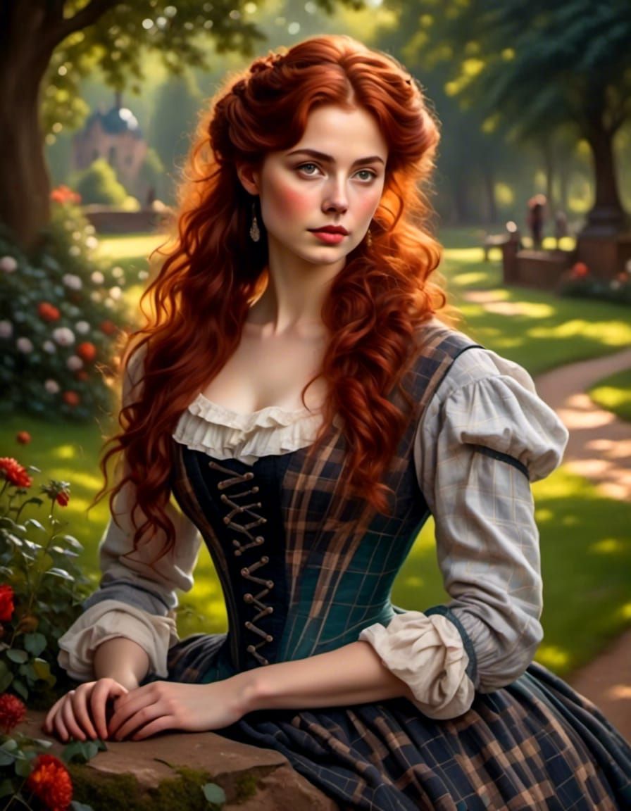 Victorian Woman with Auburn Hair in Park Portrait