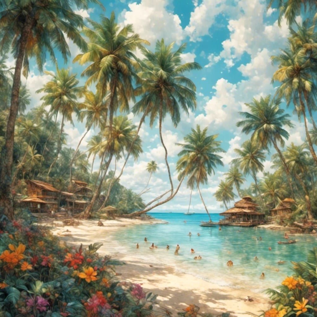 Colorful Tropical Beach Art in Gullyism Style