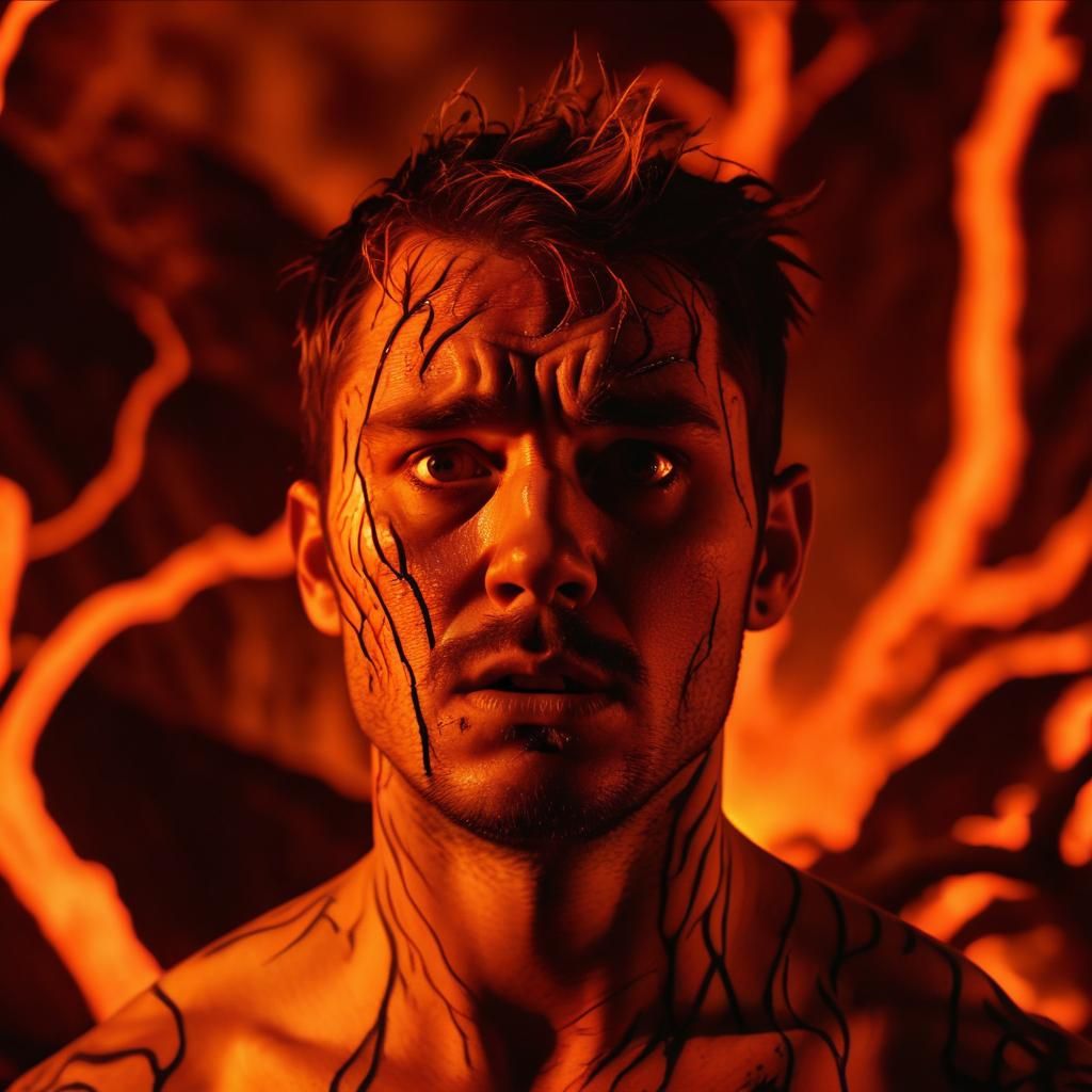 Crazed Man in Hellscape: Cinematic Film Still