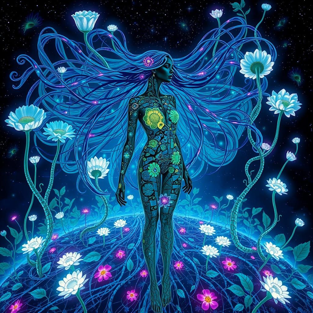 Bioluminescent Garden with Mirror Roots and Glowing Woman