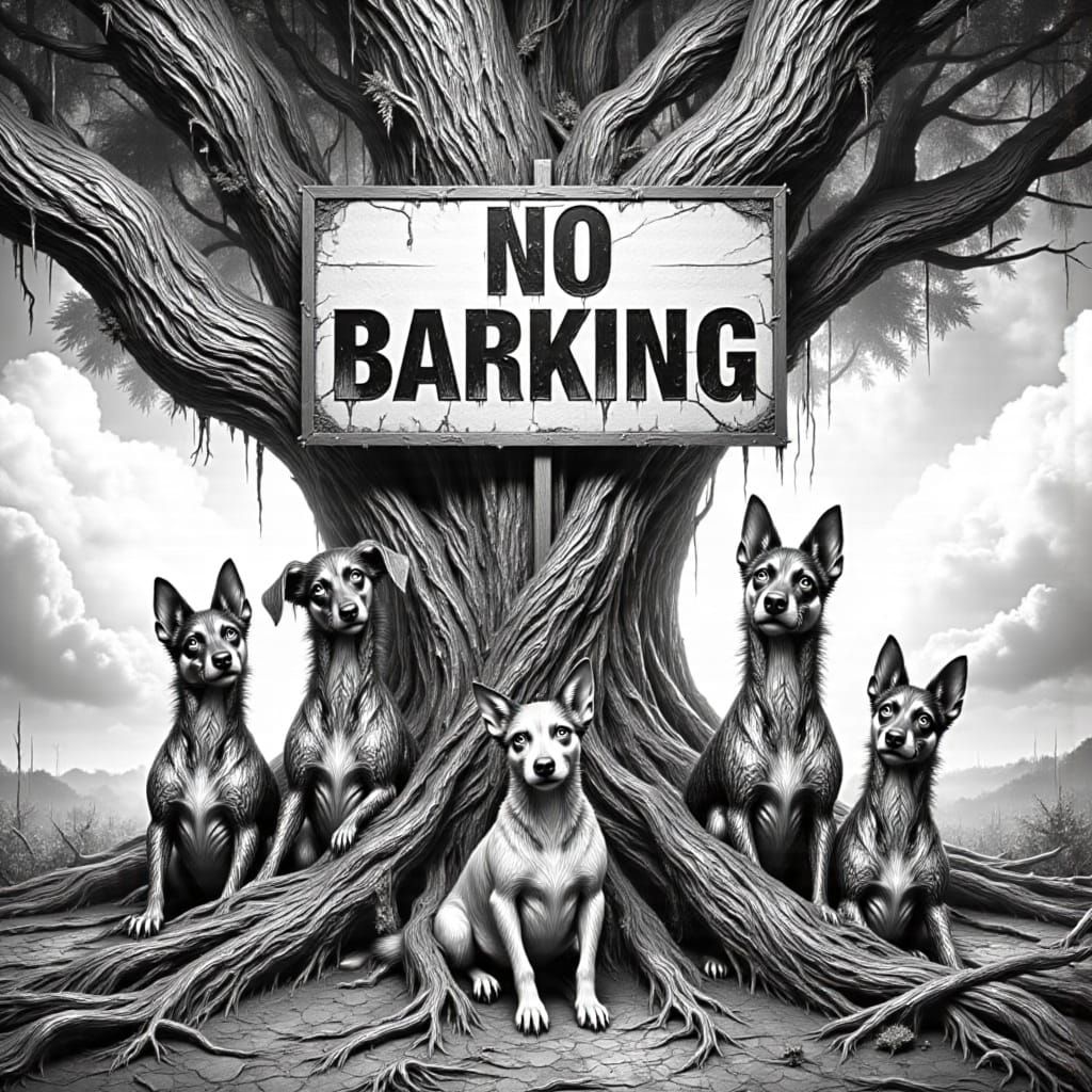 Mysterious Monochrome Tree with Confused Canines in Bold Gra...